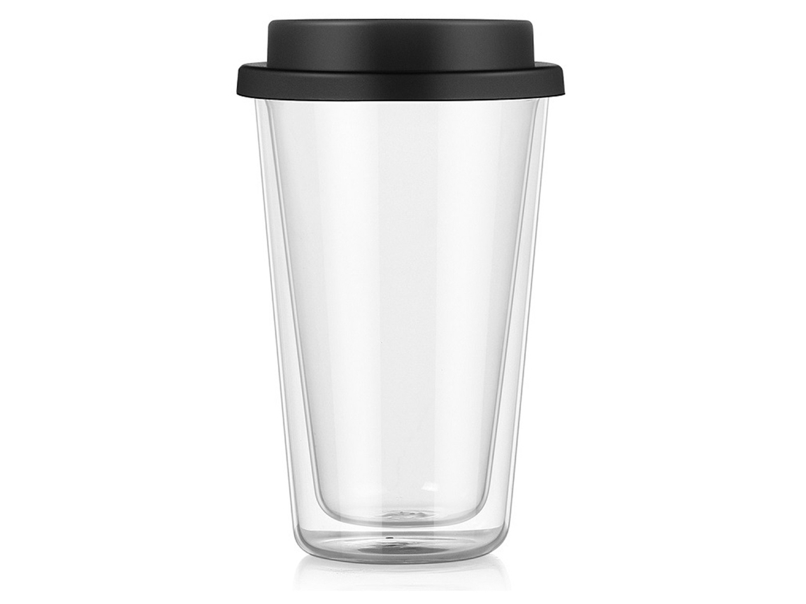 Taza de vidrio de doble capa, uso doméstico con tapa, aislamiento térmico, taza de café, negro KOFIHETY