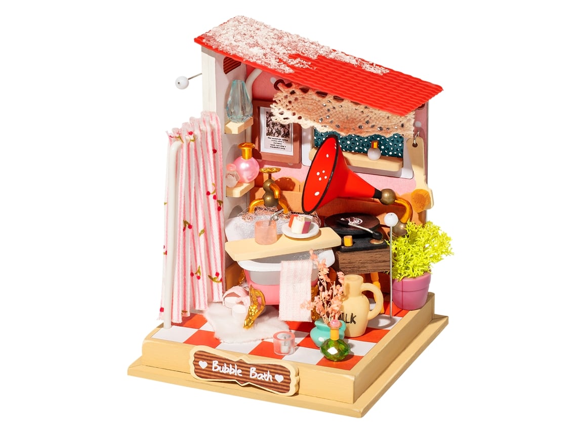 Baño de burbujas (bañera). Maqueta de madera para casa de muñecas para pintar y ensamblar. 59 piezas.
