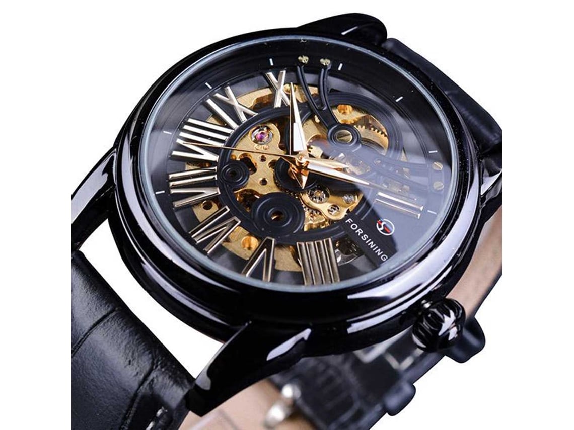 Reloj Mecánico Hollow Para Hombre De Cuero Pu Impermeable Dial Negro