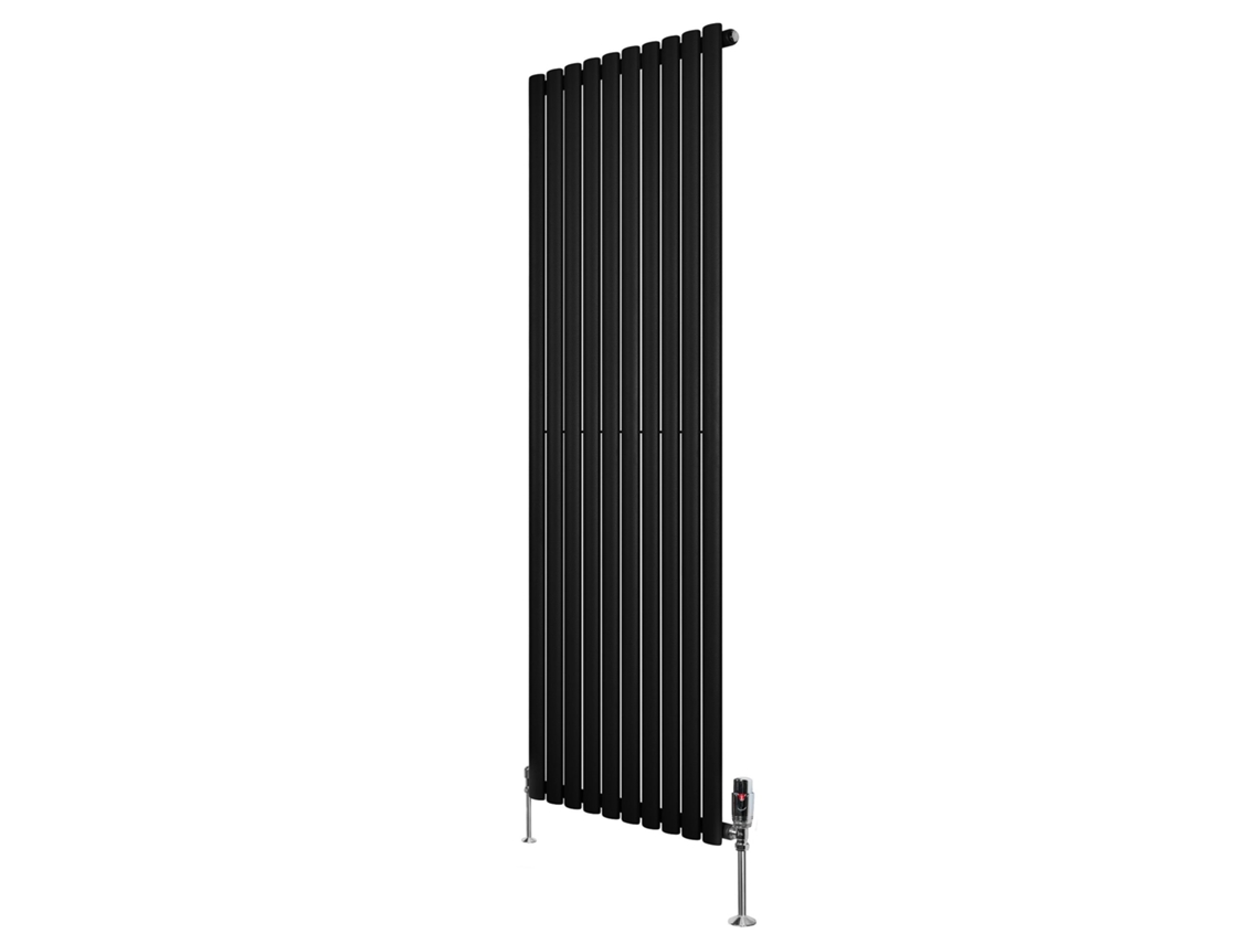 Radiador ovalado de una sola columna de 1800x600 mm - Negro, 1585 W, acero al carbono, cromado. Válvulas termostáticas, soportes y kit incluidos.