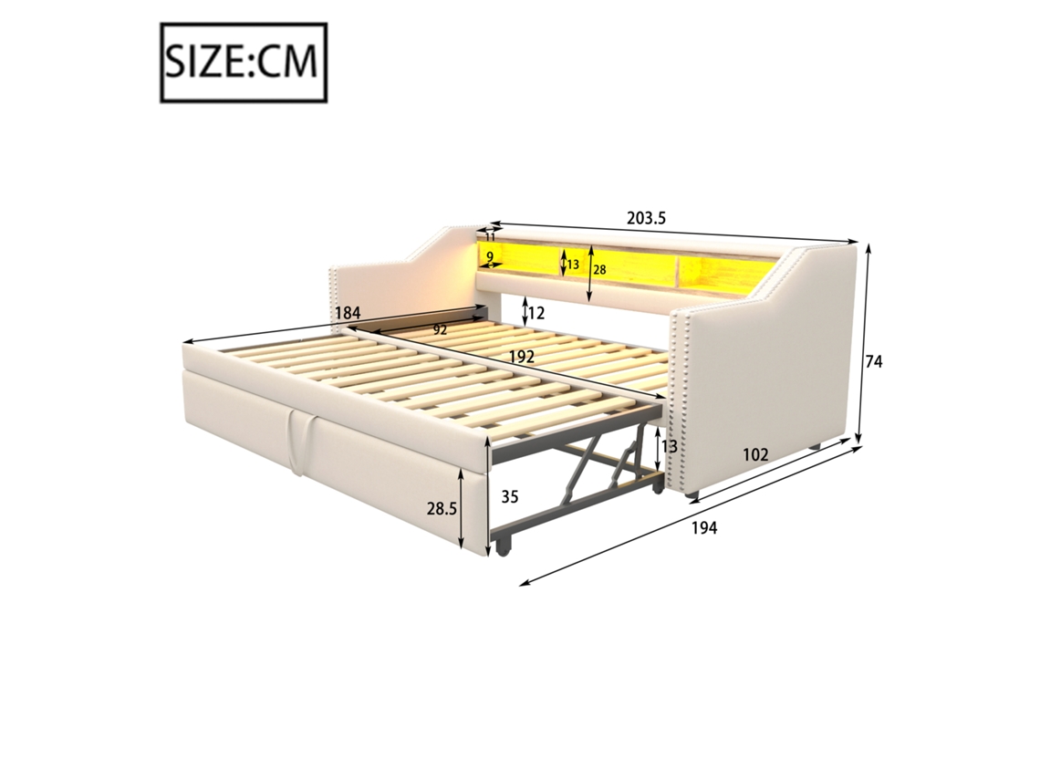 Sofá cama con base USB y LED, madera de Mobrio, lino y beige (180 x 190 cm)