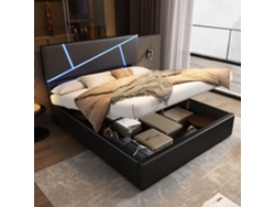 Cama Doble Negra De 140x200 Con Cabecero Led Y Espacio De Almacenamiento.