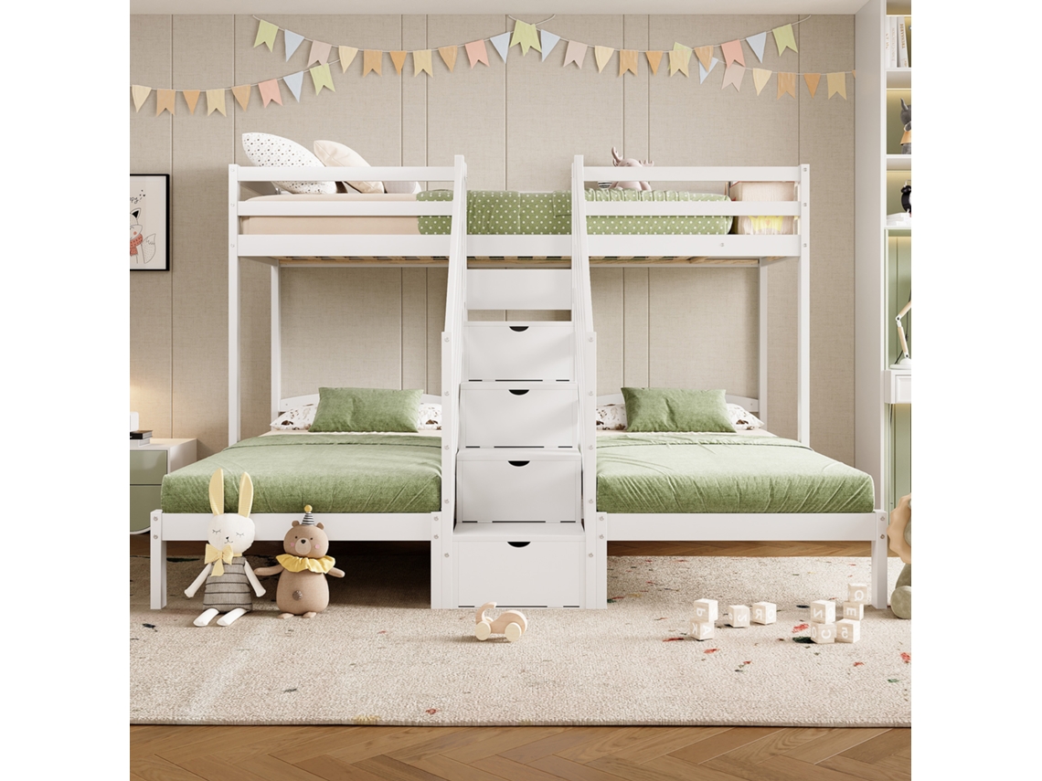 Litera 90x200 cm 3 plazas Escalera con almacenaje Con 4 cajones Con barandilla Estilo Blanco