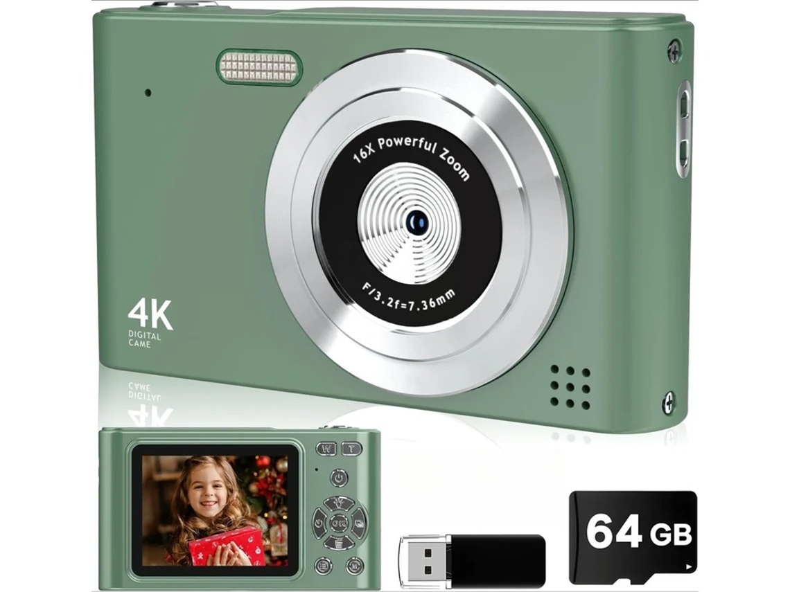 Mini cámara compacta UHD 4K, cámara digital, enfoque automático, zoom 16x, 64 g, color verde Yizhood