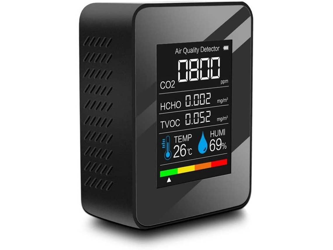 Detector De Calidad Del Aire Co2 Tvoc Hcho Con Pantalla Lcd Temperatura Humedad Y Niveles De Calidad Negro