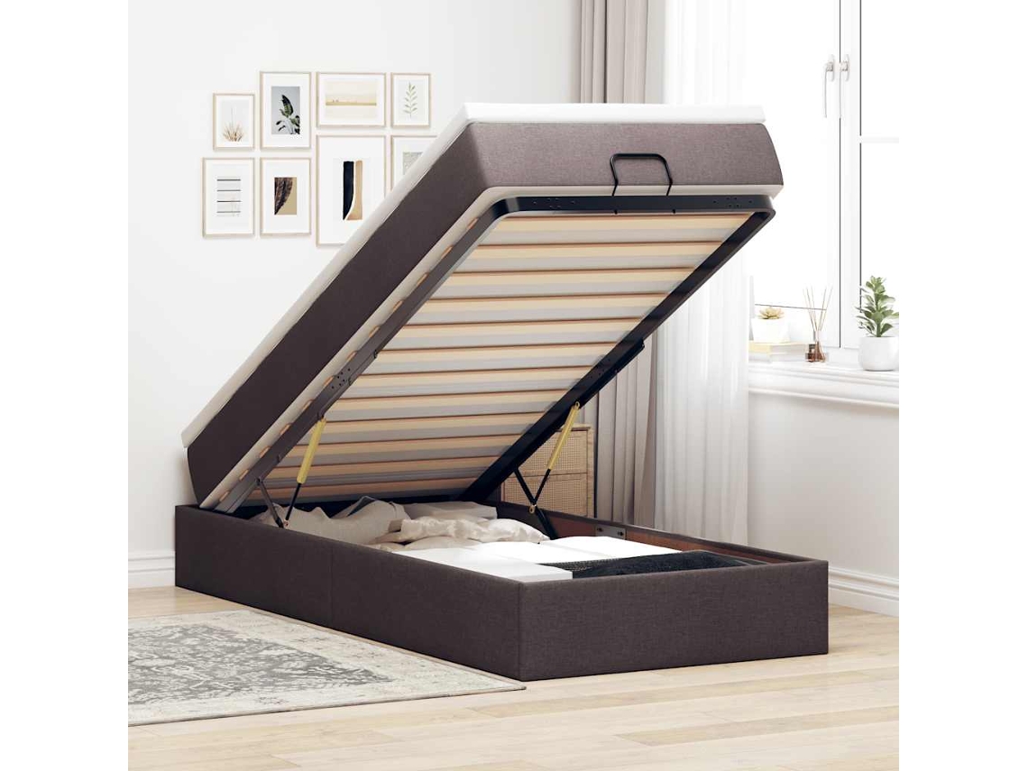 Estructura Cama Otomana Colchón Tela Marrón Oscuro 90x200cm