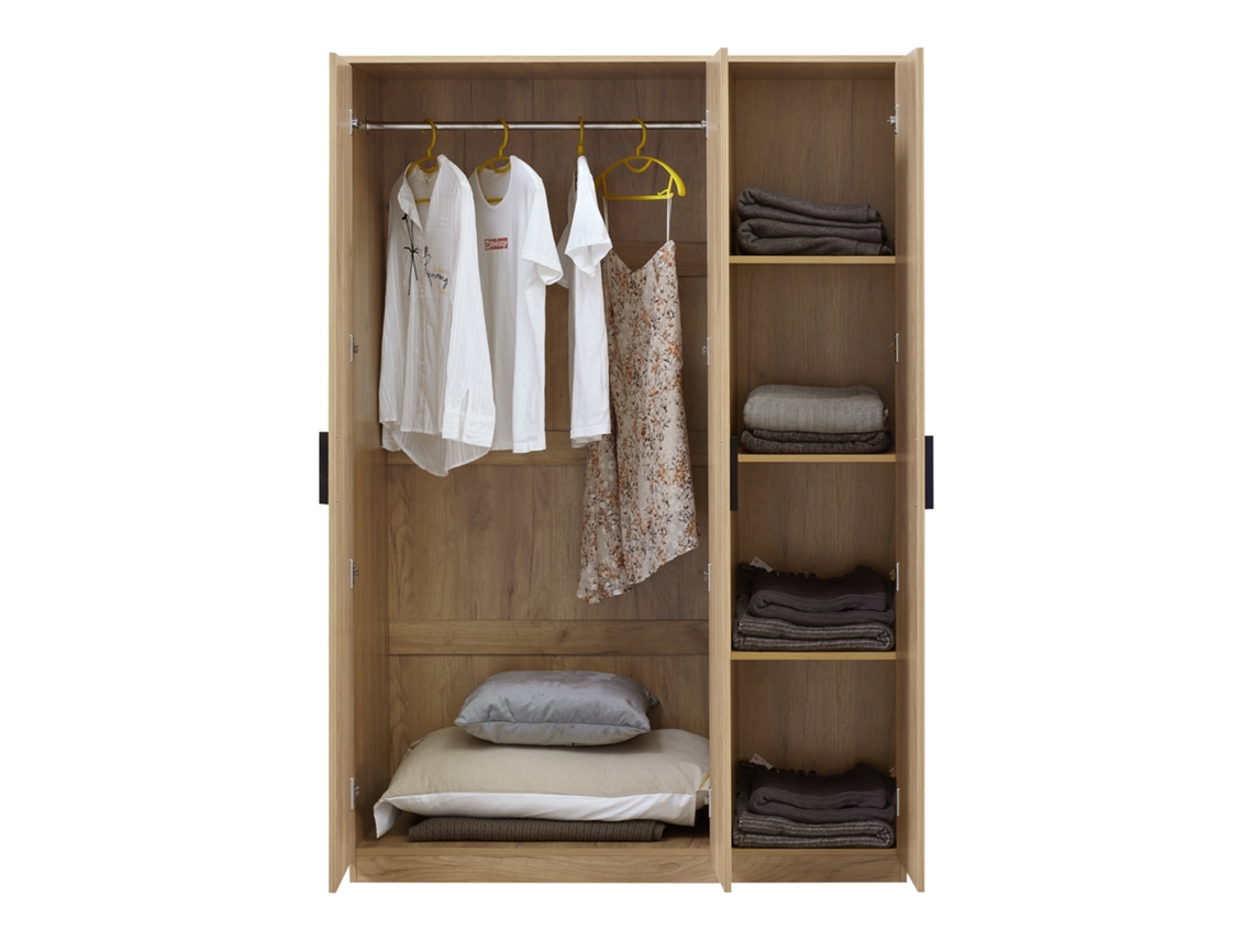 Armario Ropero Eiselfing (3 puertas 1 perchero 4 compartimentos) MDF 176 x 120 x 52 cm Efecto roble [EN.CASA]