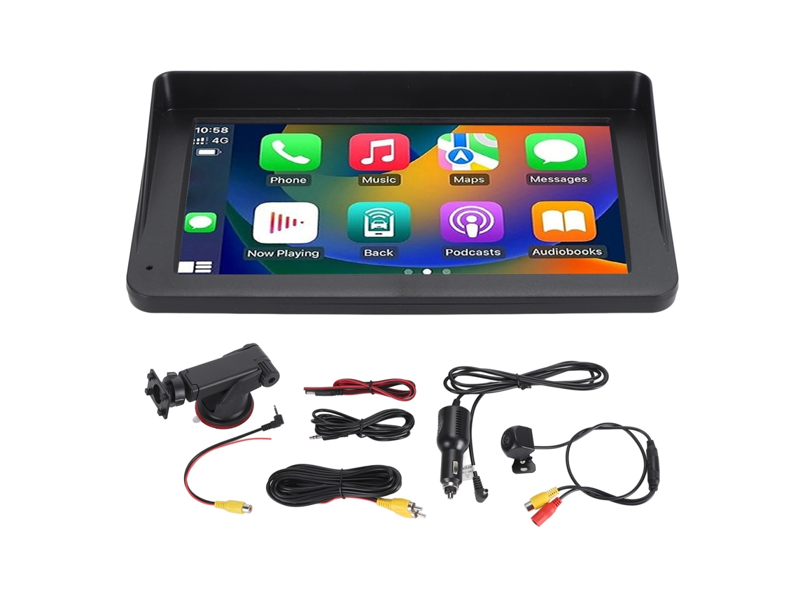 Autoestéreo Portátil De 7 Pulgadas Con Carplay, Android Auto, Control Por Voz, Pantalla Táctil Y Cámara De Visión Trasera.