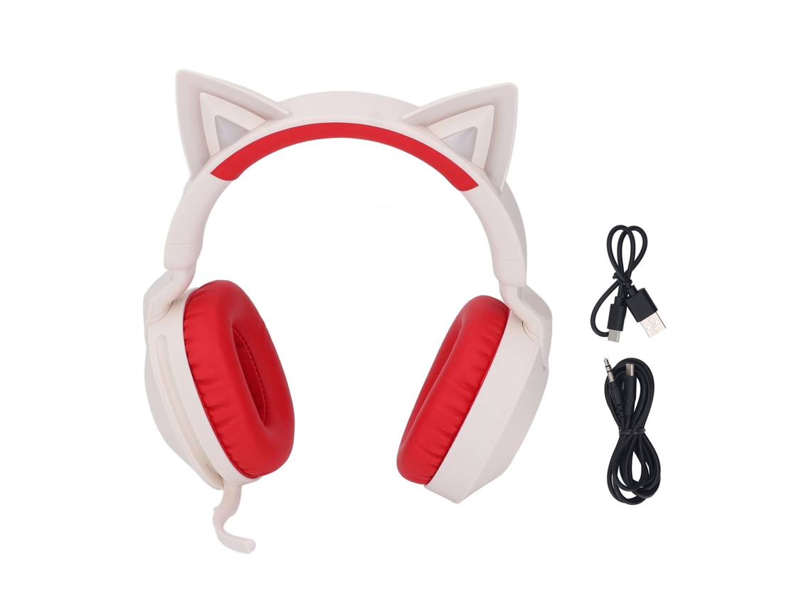 Fone De Ouvido Sem Fio Com Orelhas De Gato Bluetooth 5.4 Luz Led Mic Controle De Volume Dobrável Vermelho