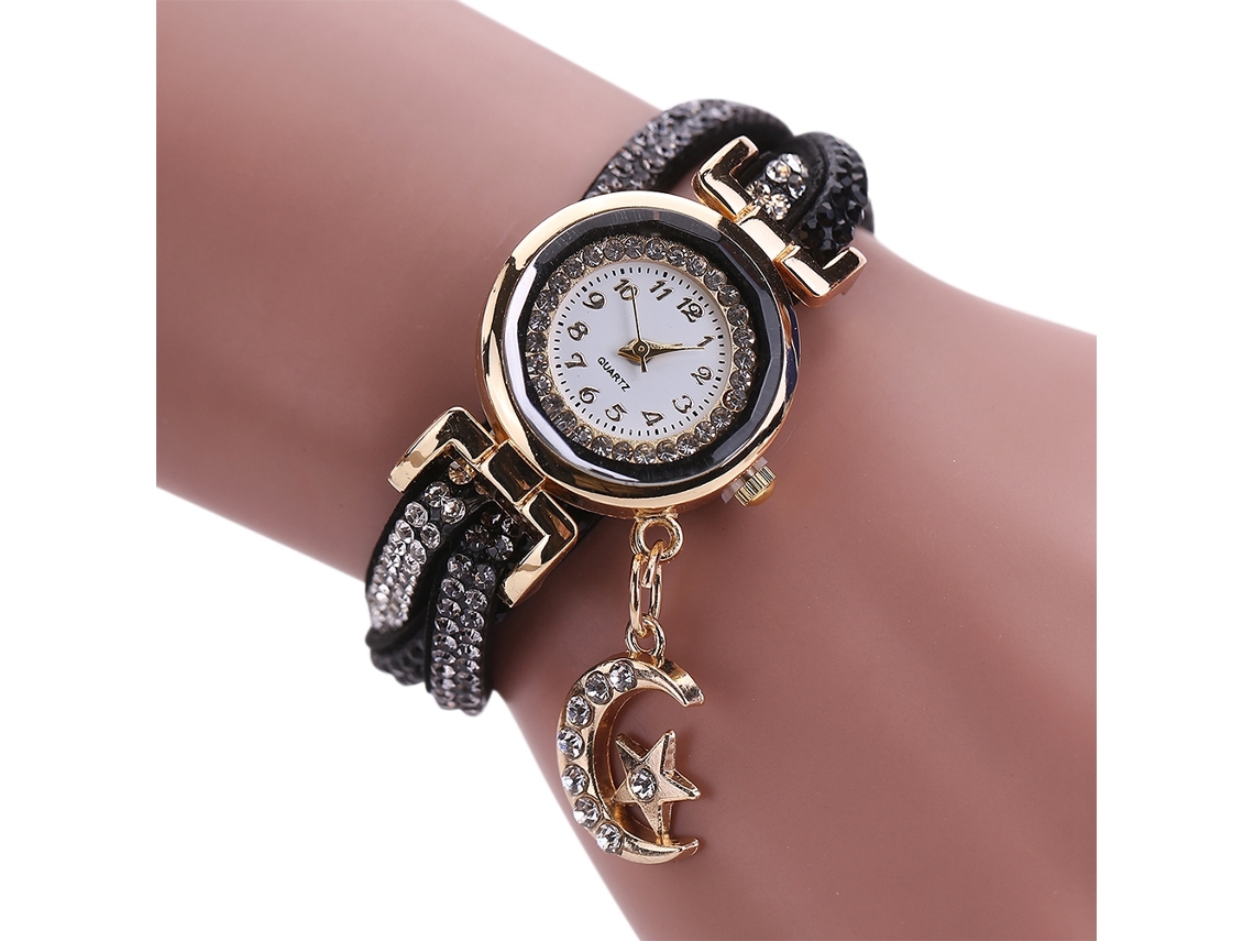 Reloj De Pulsera De Cuarzo Para Mujer Con Incrustaciones De Diamantes De Imitación Y Colgante De Luna Y Estrella (negro)