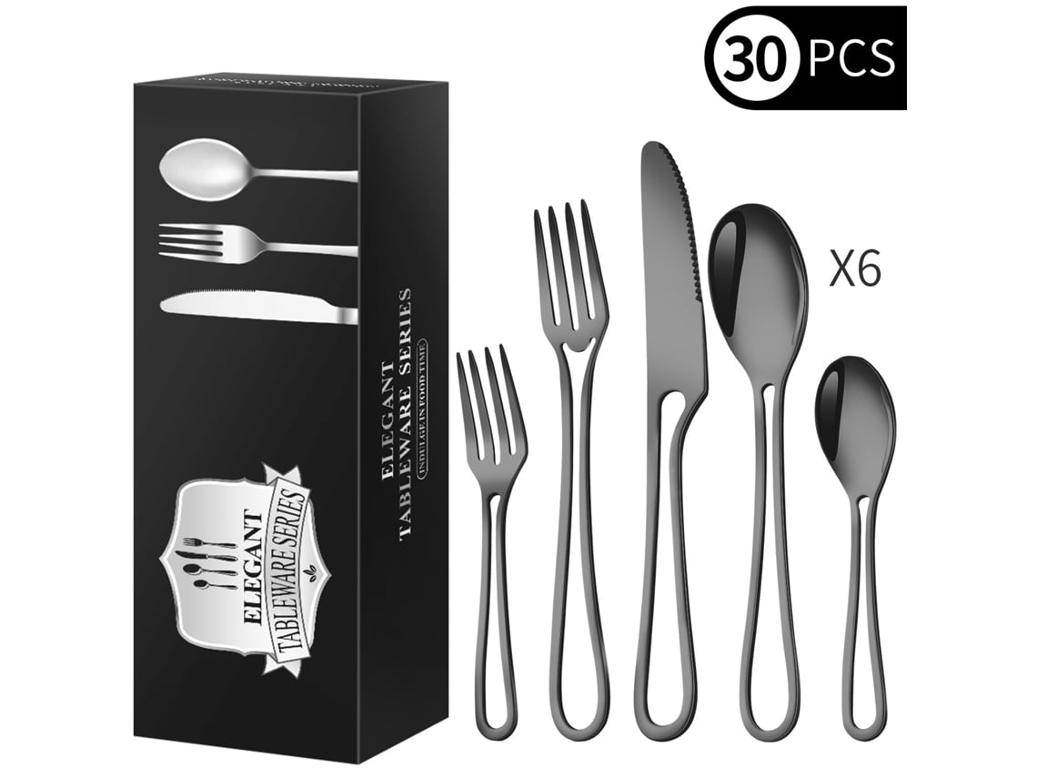 Juego de cubiertos de acero inoxidable Yunzii de 30 piezas con diseño hueco (negro)