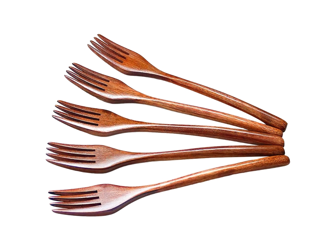 Juego de 5 tenedores de madera, estilo retro marrón, prácticos para cocina, familia y restaurante.