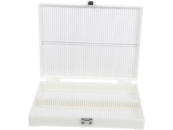 Estuche para portaobjetos de microscopio con compartimentos para almacenar y organizar las muestras.