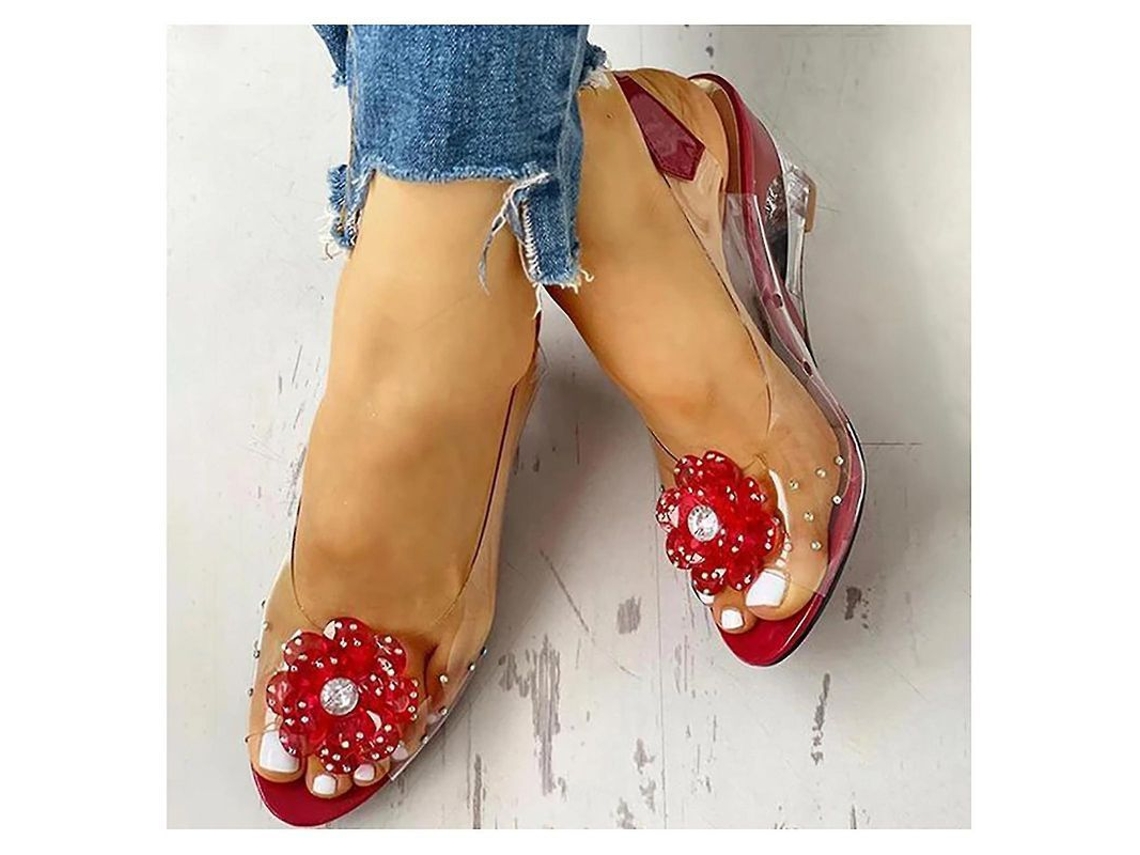 Sandalias De Cuña Transparentes Con Flores Y Pedrería Para Mujer - Rojas, Ideales Para Fiestas De Verano En La Playa.