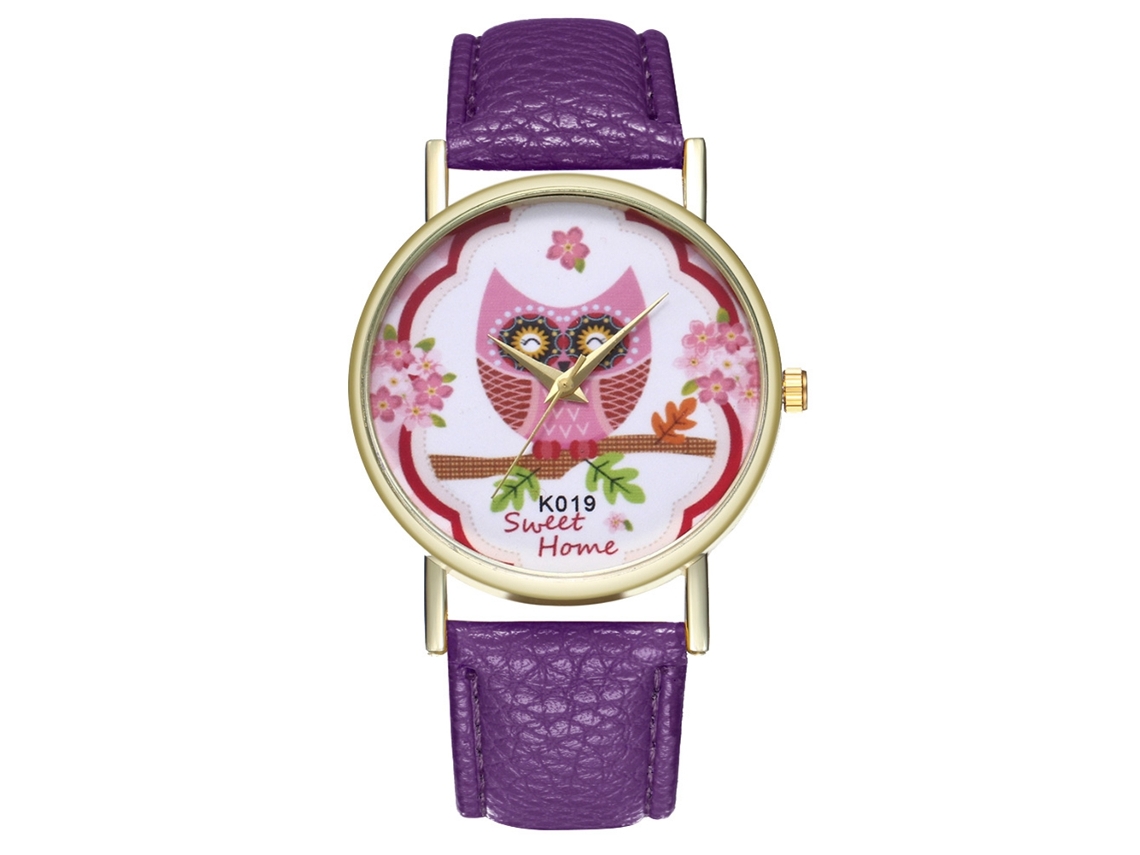 Reloj De Pulsera De Cuarzo Con Correa De Poliuretano, Diseño Animado Y Esfera Redonda Morada.