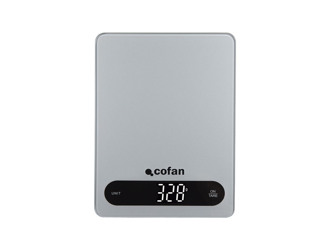COFAN Báscula Digital de Cocina de vidrio templado con apagado automático Máximo 10 kg 4 Sensores de alta precisión Color: Gris