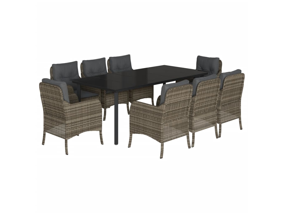 Juego de 9 piezas de comedor de jardín con cojines de mimbre, gris, EXCLUSIVA MAISON