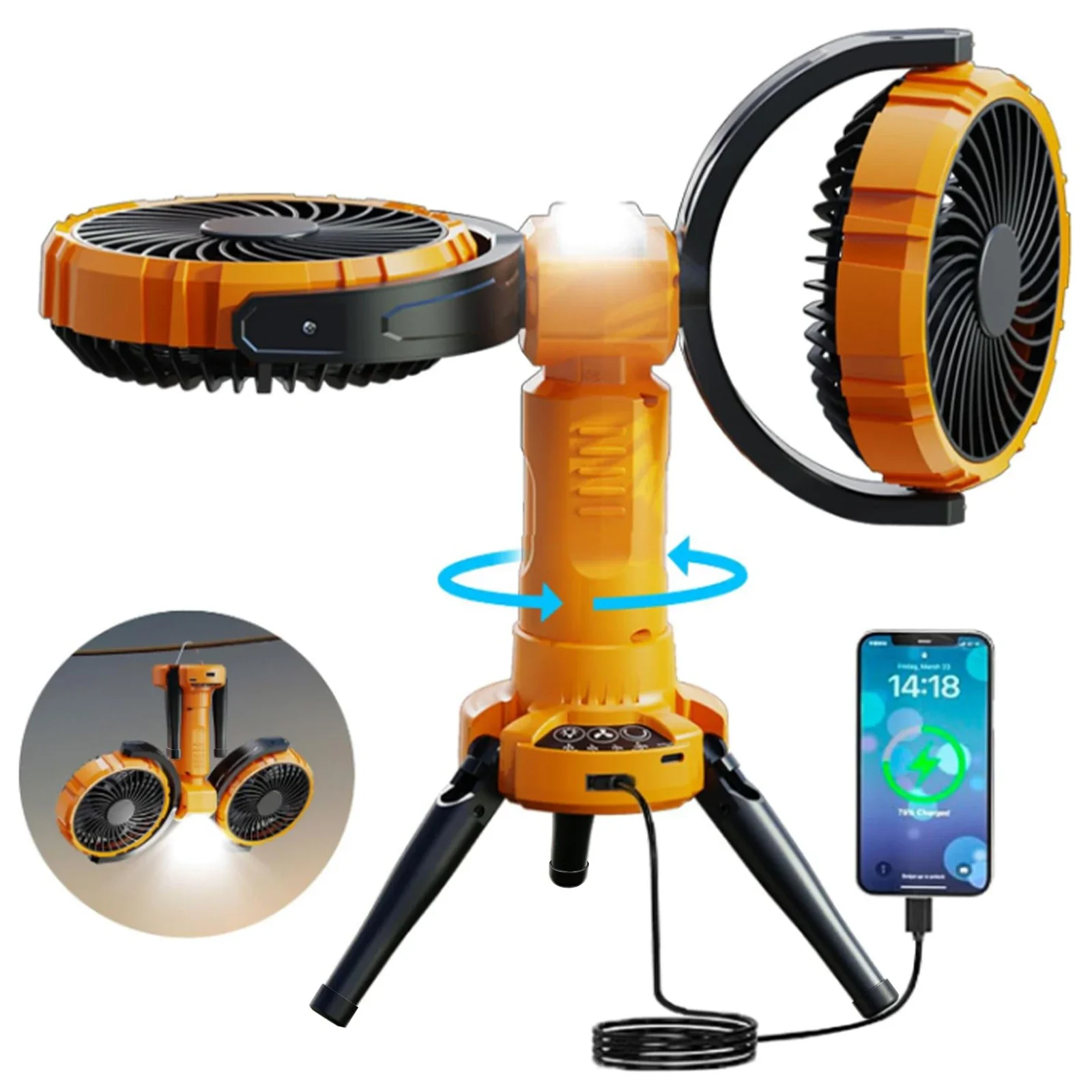 Ventilador De Camping(amarillo, 8000 Mah)cuatro Velocidades De Viento,doble Luz,ventilador De Refrigeración Ajustable En Múltiples Ángulos.