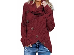Sudadera femenina de 2026 con cuello alto liso, botones y bajo asimétrico en punto grueso.