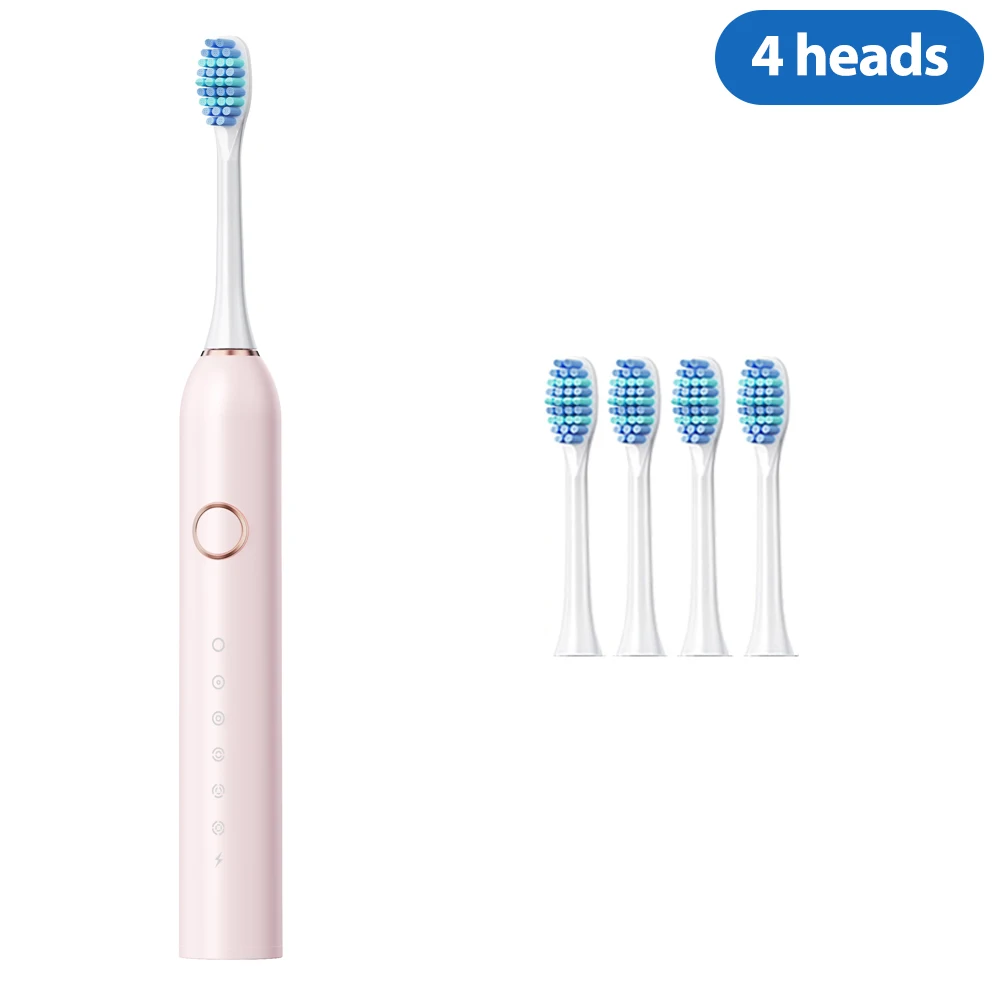 (rosa Con 4 Cabezales De Repuesto) Cepillo De Dientes Eléctrico Sónico Para Adultos, Recargable Por Usb, Con Temporizador Inteligente