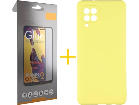 Funda y Protector de Vidrio Full 1x Samsung Galaxy A42 5G SKYHE Silicona Líquida Amarillo