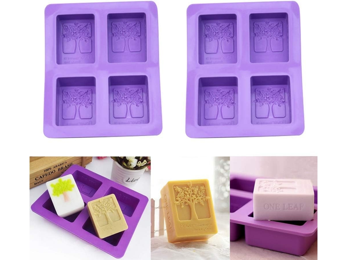 Moldes de jabón rectangulares hechos a mano de diseño único, silicona de grado alimenticio flexible y antiadherente, 4 cavidades en forma de árbol,