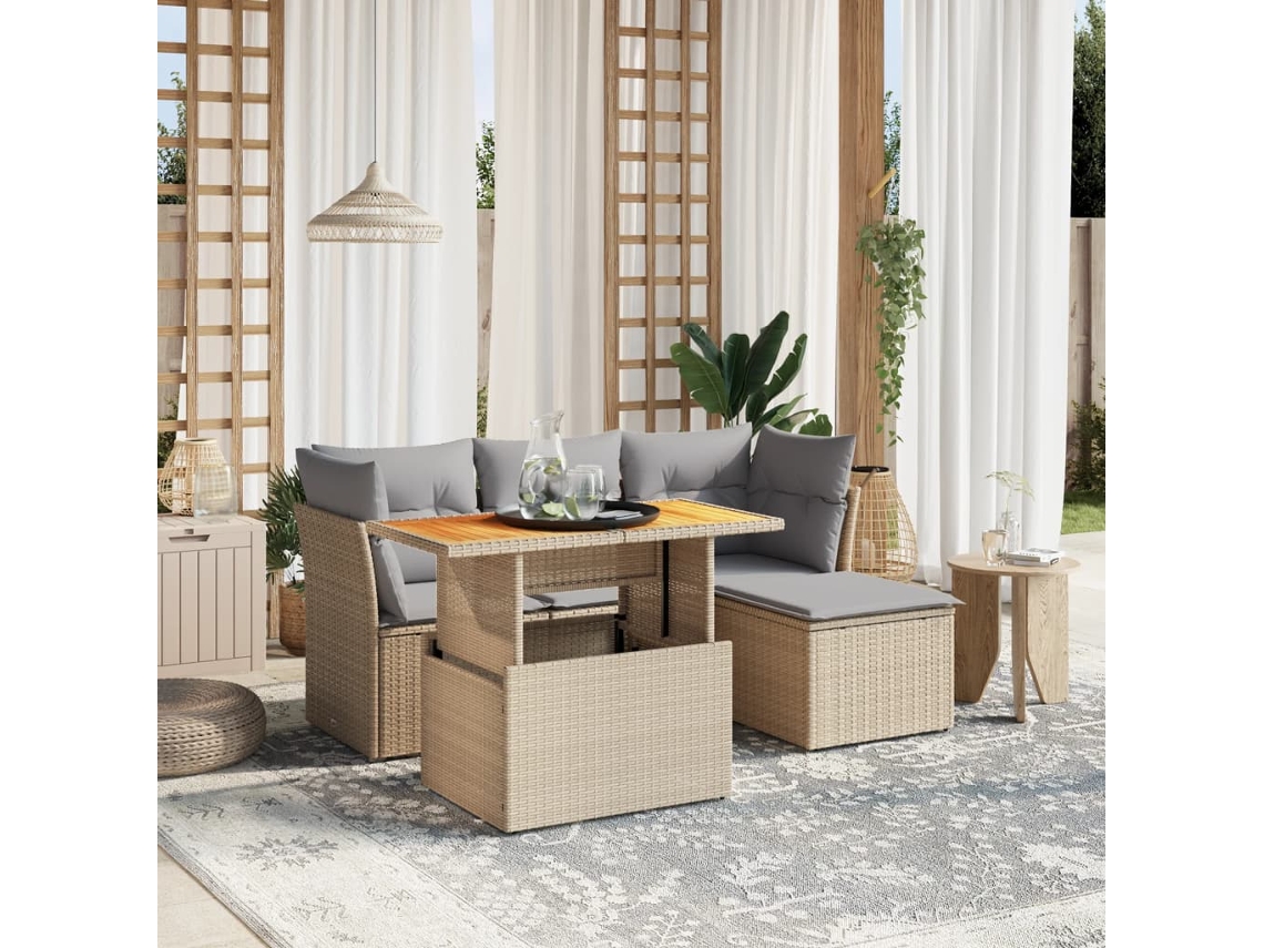 Conjunto de sofá de jardín de 6 piezas con cojines, mimbre sintético beige, Dkd Home Decor