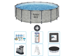 Piscina BESTWAY Round Steel Pro MAX - Estampado Piedra - 488 x 122 cm - Incluida Bomba - Escalera - Cobertor Accesorios CB31