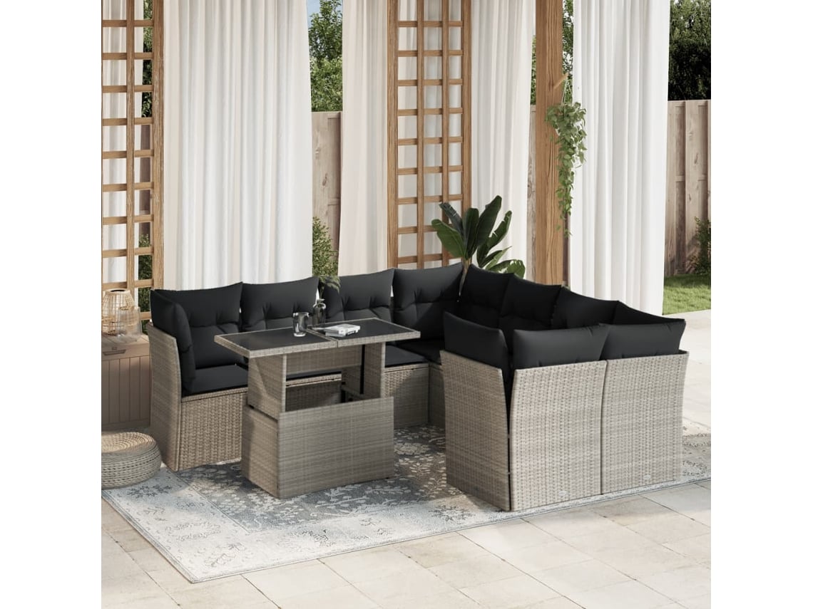 Conjunto de sofá de jardín de 9 piezas con cojines en mimbre gris claro, Dkd Home Decor