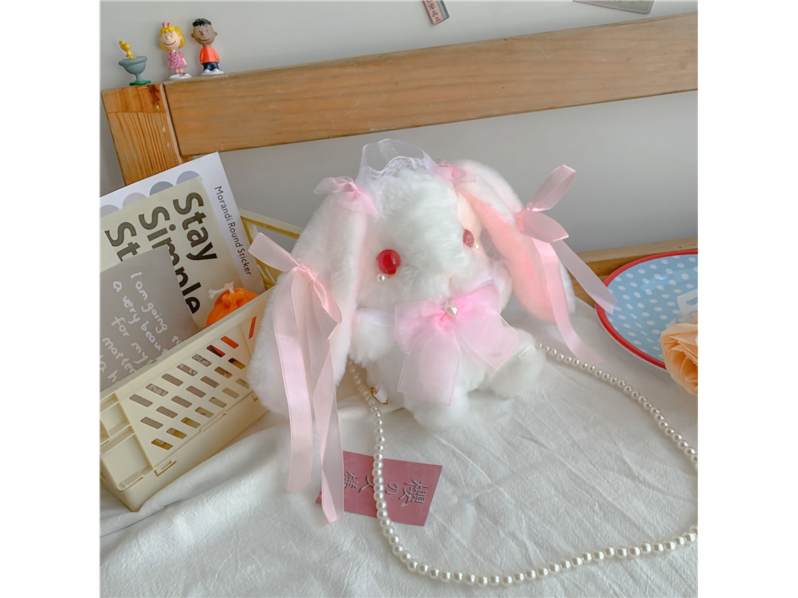 Bolso De Peluche Con Forma De Conejito Y Asa De Perlas Para Niñas, Color Rosa.