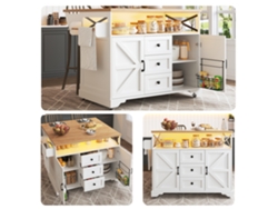 Carrito De Cocina Móvil 90×45×85 Cm - Mesa Plegable, Led, Barra Y Almacenaje - Blanco