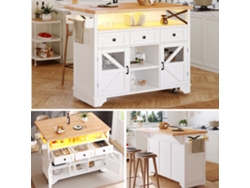 Carrito De Cocina Multifunción 120x60x90cm - Led, Mesa Plegable, 3 Cajones, 2 Puertas - Blanco