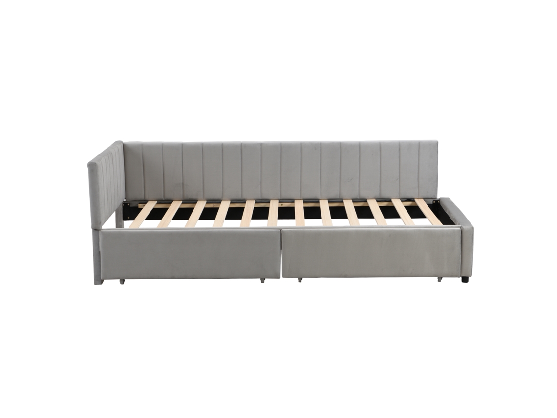Sofá Cama Tapizado En Terciopelo De 90 X 200 Cm, Con 2 Cajones Grandes Y Somier De Láminas, Color Gris.