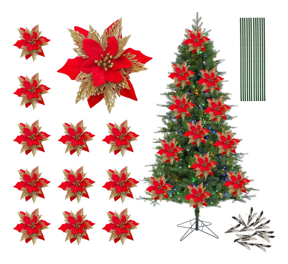 12 flores artificiales rojas y doradas para Homevayotoy
