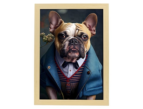 NACNIC Lámina Bulldog Optimista En Estilo Fotografía A Todo Color. Divertidas Ilustraciones Realistas De Animales Con Ropa Humana A3 Marco Madera.