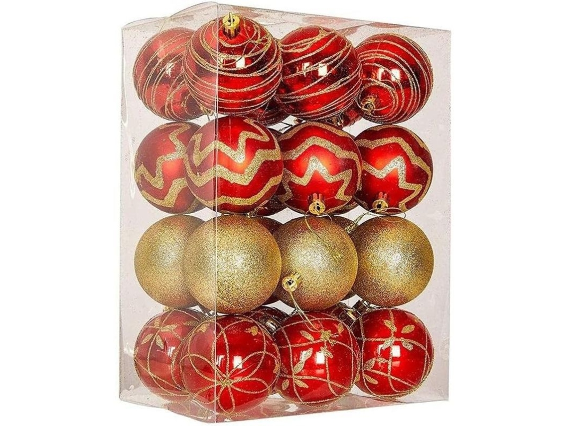 Juego De 24 Bolas Navideñas De 6 Cm Pintadas A Mano En Rojo Y Dorado Para Decorar El Árbol.