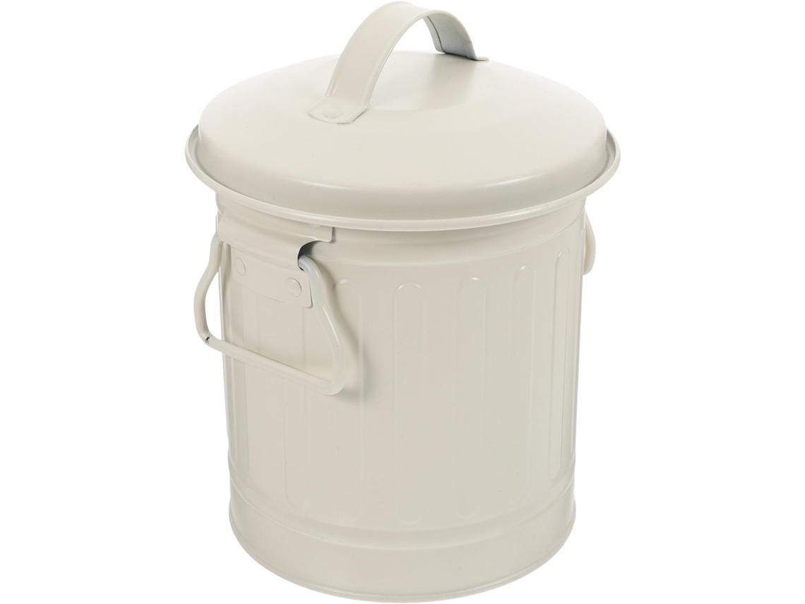 Cubo metálico beige/crema con tapa, papelera pequeña multifuncional para oficina. SFUSHOS