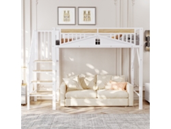 Cama Metálica Tipo Mezzanine 90x200cm Con Barandilla De Ventana Única, Escalera Segura, Gran Espacio Debajo, Blanco