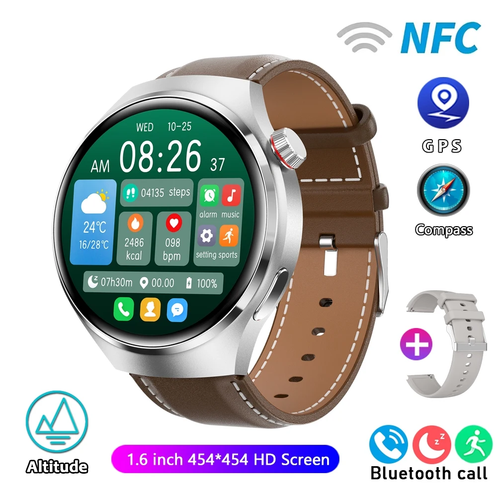 Reloj inteligente con monitorización de la salud, llamadas Bluetooth, NFC y GPS. MDUG (correa marrón).
