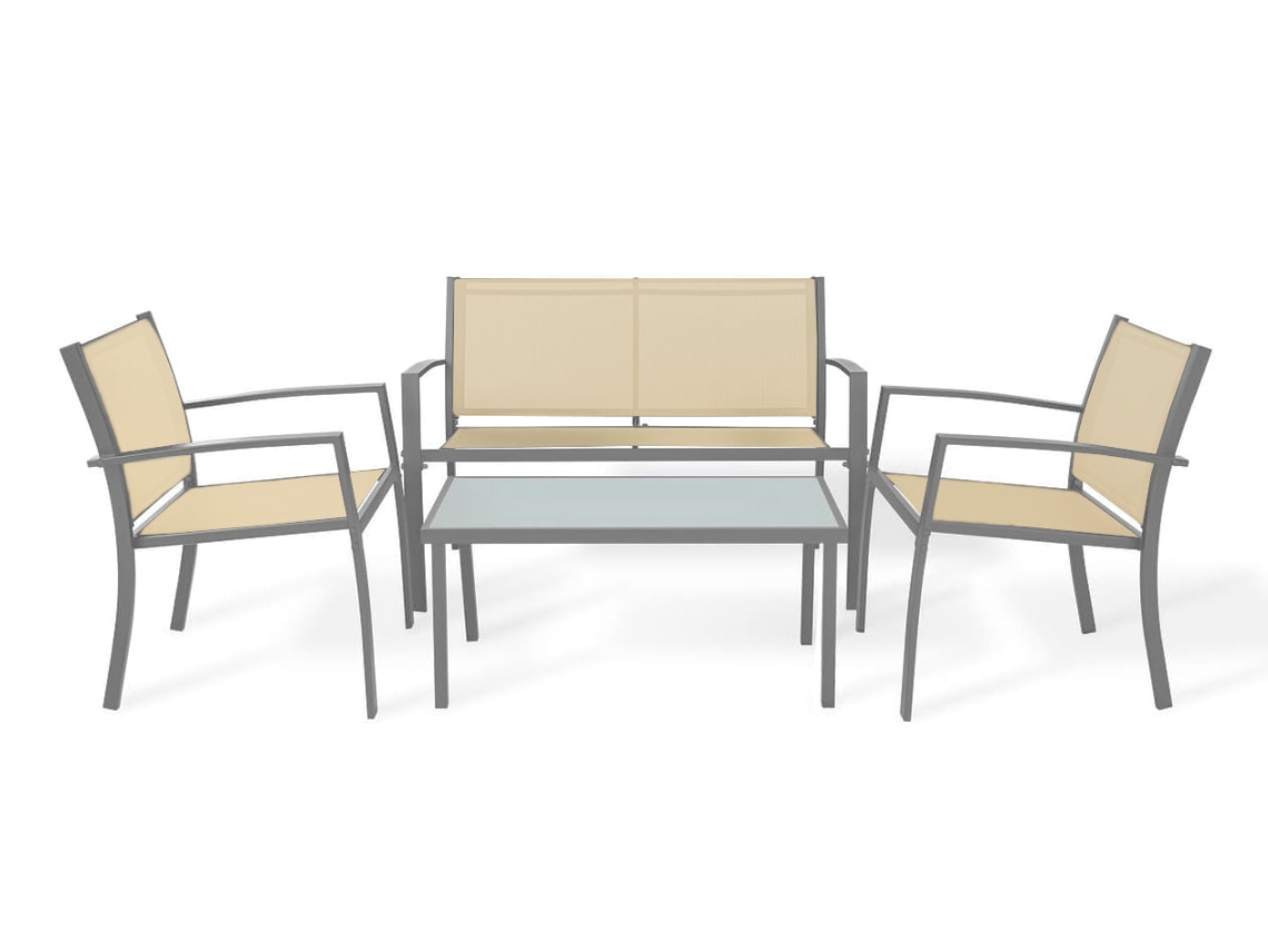 Sofá con dos sillas y mesa de cristal templado. Conjunto de jardín y terraza, beige. Saldosystocks