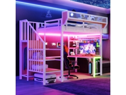 Cama Alta De Metal De 90x200 Mm, Escritorio Con Estante, Hamaca, Led, Usb, Color Blanco.