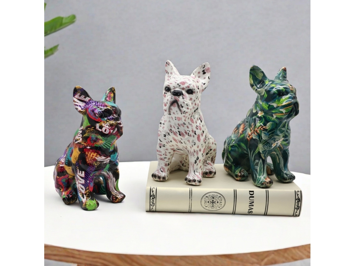 Decoración de resina 3D de estilo escandinavo que presenta un bulldog colorido.
