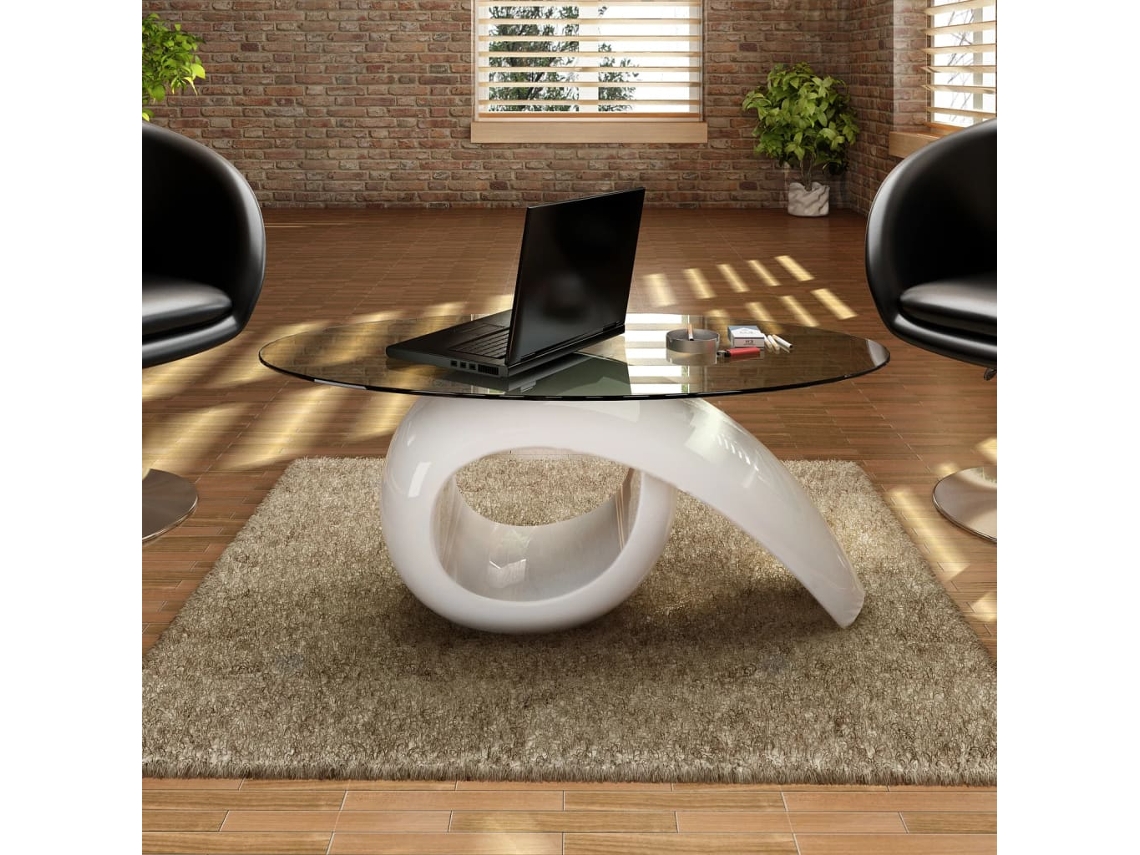 Mesa de Centro de Apoyo con Tablero Oval de Vidrio Blanco Brillante