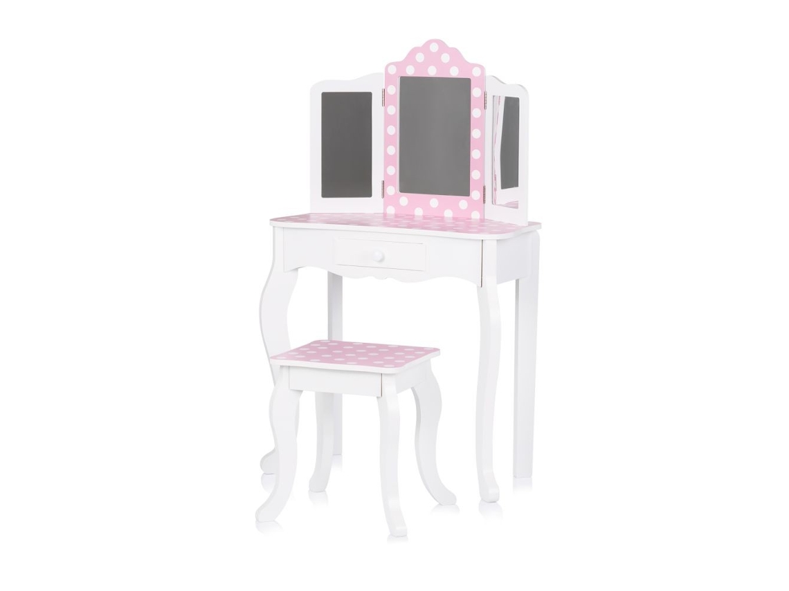 Tocador Infantil con Taburete de Madera Rosa con Lunares Blancos, de Chipolino.