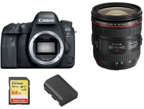 Cámara Reflex CANON EOS 6D II + Objectivo EF 24-70mm F4L IS USM + Tarjeta SD 64GB + Batería LP-E6N (Full Frame)