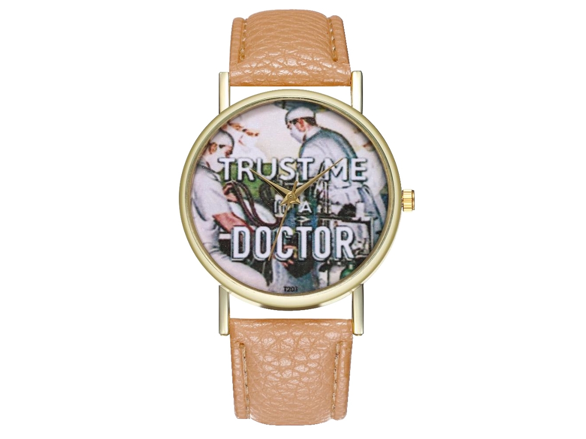 Reloj De Muñeca Unisex De Doctor Con Correa Pu Dial Redondo Cuarzo (beige)