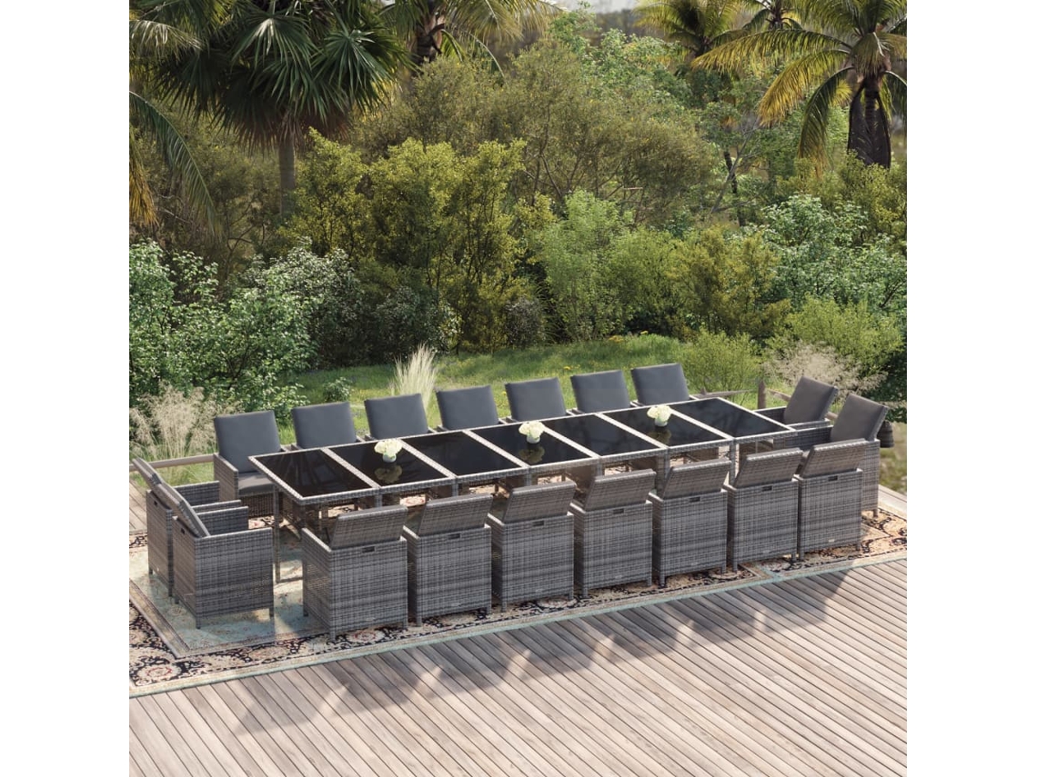 19 Pcs Conjunto Jantar P/ Jardim C/ Almofadões Vime Pe Cinzento Dkd Decoración Del Hogar