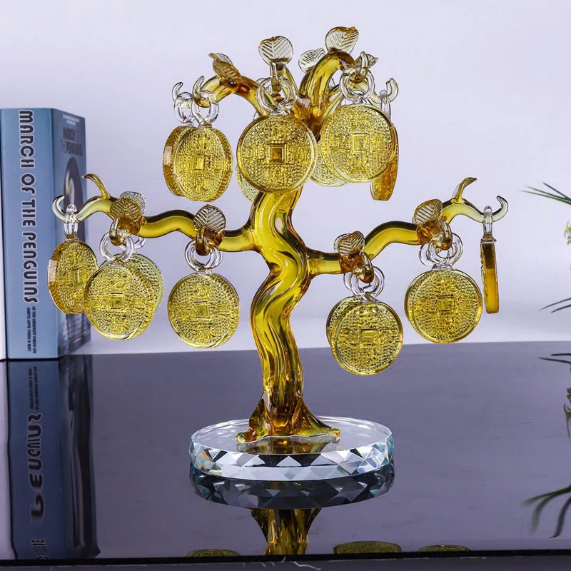 Árbol de cristal, con 18 lingotes y monedas de oro colgando de él, árbol de manzanas de cristal MDUG (18 monedas)
