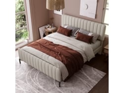 Cama Doble De 160x200 Cm, Cabecero Regulable, Estructura Tapizada, Tejido De Lino Gris-beige, Somier De Láminas Incluido.