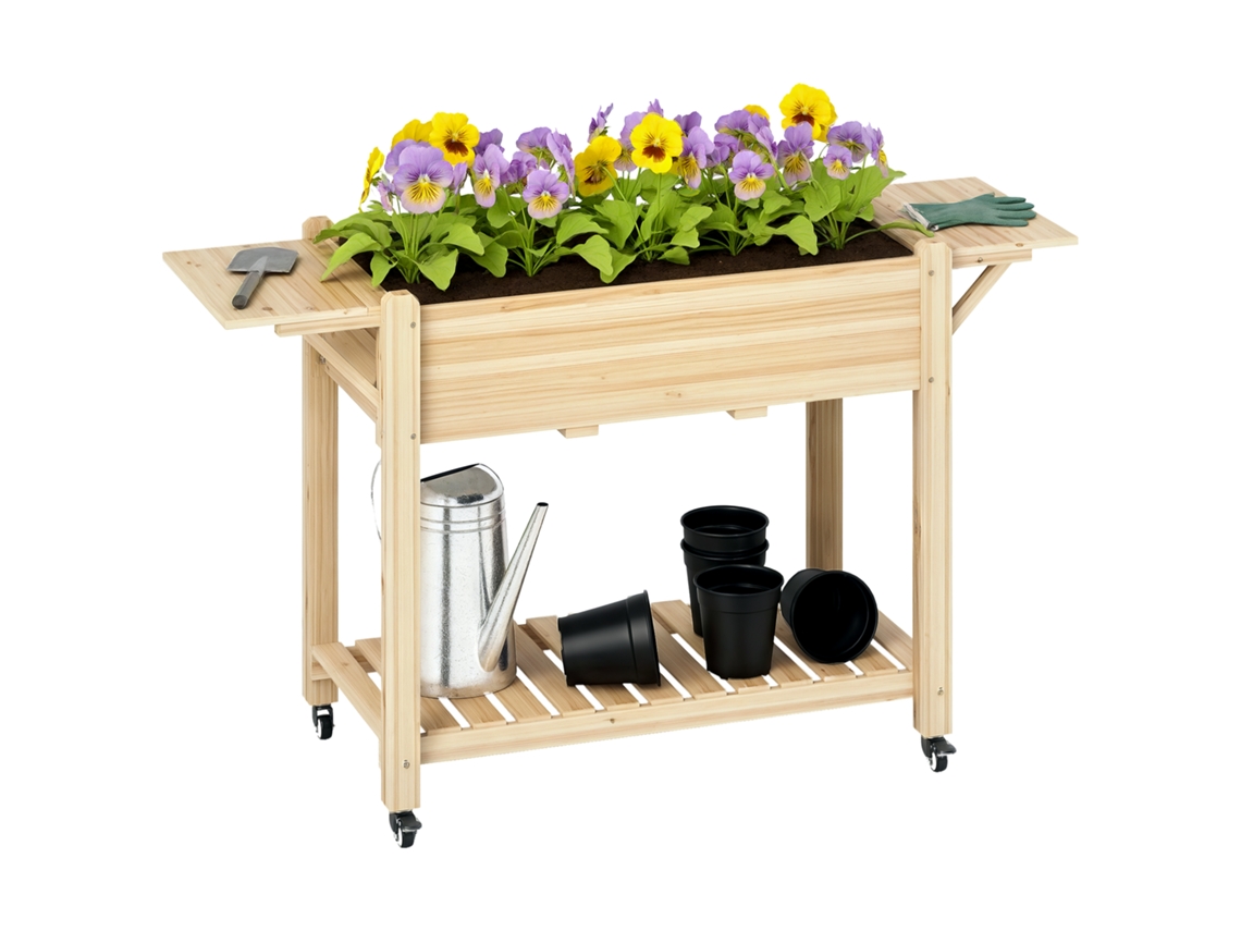 Soporte de madera para plantas de 145x52x86cm, jardinera de sobremesa con ruedas, estante y laterales plegables para flores y verduras en el jardín.